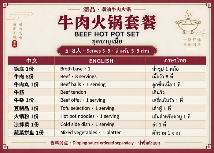 มื้อกลางวัน | 5–8 ท่าน | ชุดชาบูเนื้อวัว (น้ำจิ้มสั่งแยก)