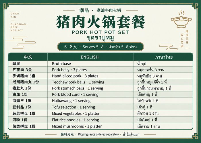 มื้อกลางวัน | 5–8 ท่าน | ชุดชาบูหมู (น้ำจิ้มสั่งแยก)