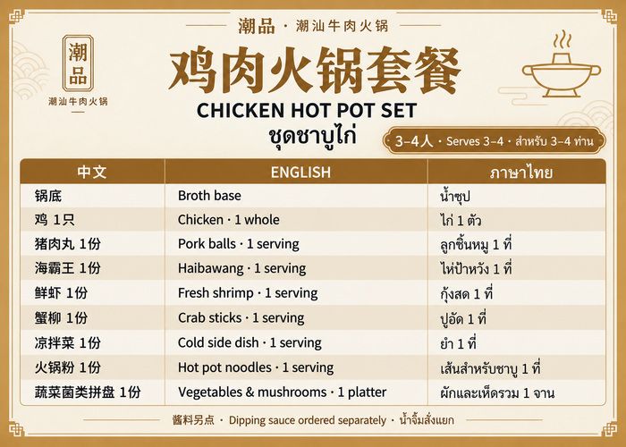 มื้อกลางวัน | 3–4 ท่าน | ชุดชาบูไก่ (น้ำจิ้มสั่งแยก)