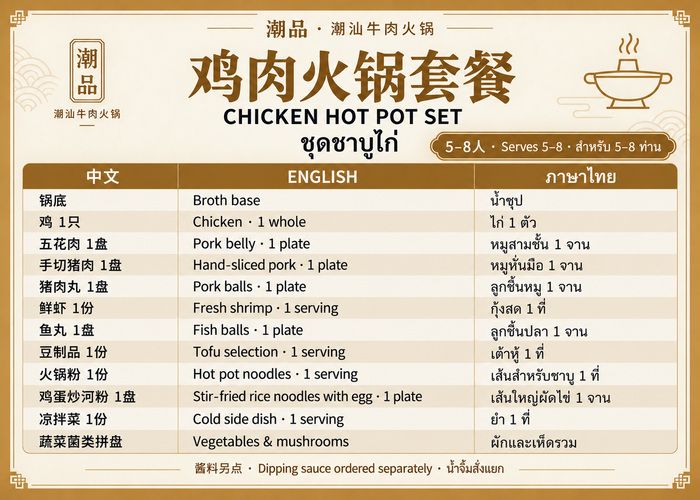 มื้อกลางวัน | 5–8 ท่าน | ชุดชาบูไก่ (น้ำจิ้มสั่งแยก)