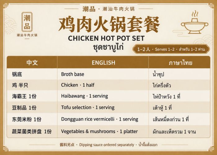 มื้อกลางวัน | 1–2 ท่าน | ชุดชาบูไก่ (น้ำจิ้มสั่งแยก)